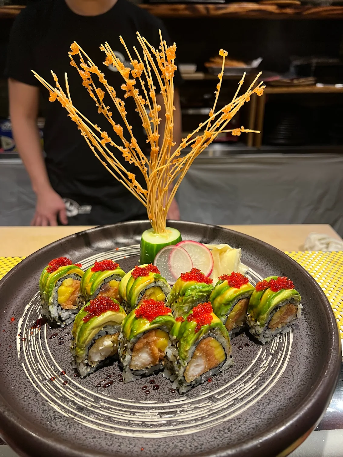 Freshly plated sushi rolls